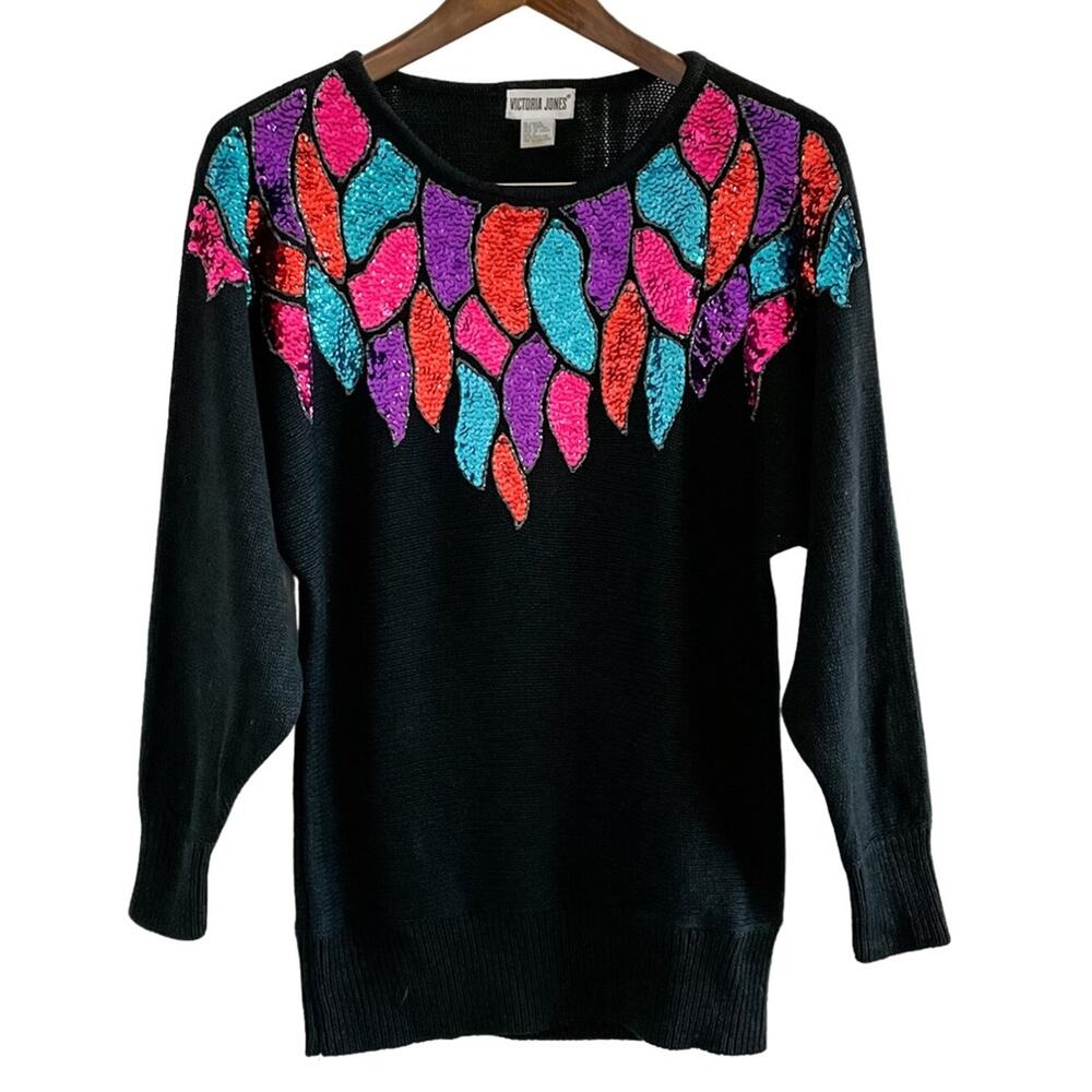 Victoria Jones vintage 90s sequin neckline loose knit dolman sweater size S - Picture 2 of 7